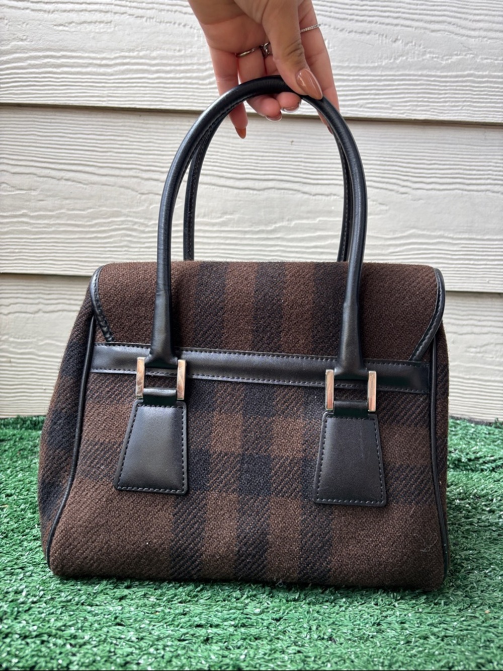 Vintage Burberry Classic Brown Plaid Top-Handle Women's Handbag